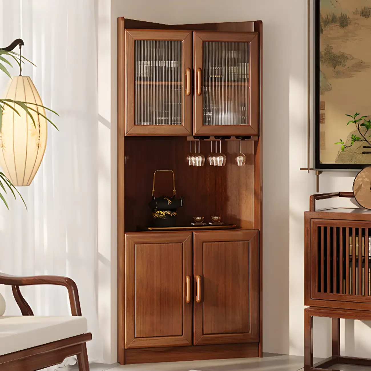 Scandinavian Wooden Corner Utility Cabinet with Stemware Holder