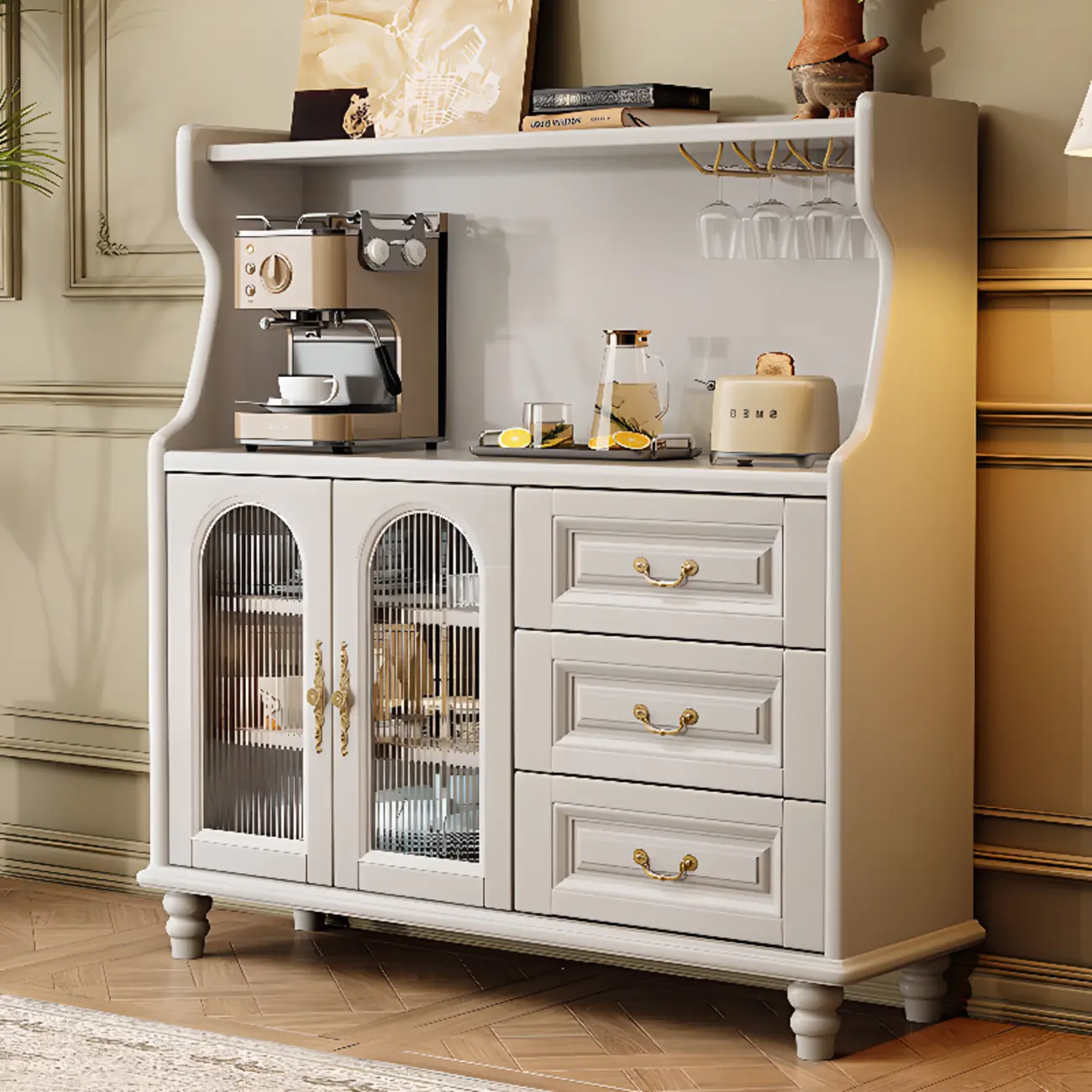 Modern Wood Kitchen Buffet with Shelves and Stemware Rack