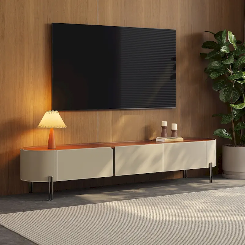 Khaki Faux Leather TV Stand with 3 Drawers, 1-Unit