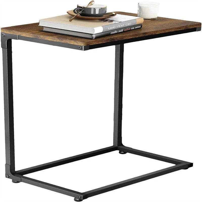 C-Shape Sofa Side End Table with Wood Top & Metal Frame – Rustic Brown, Modern Style