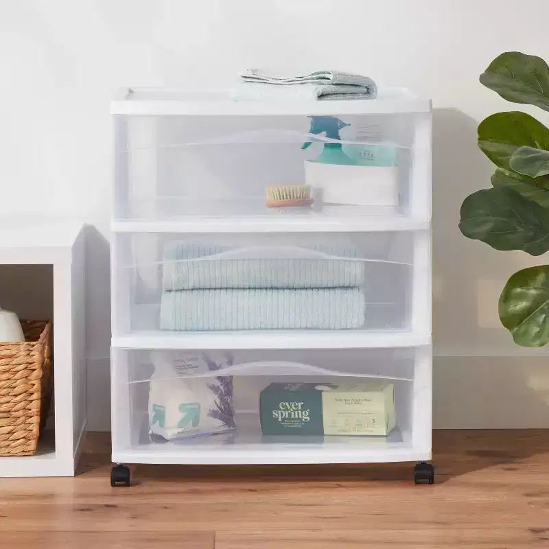 3 Drawer Wide Cart White - Brightroom™: Plastic Storage Drawers, Utility Cart with Casters, Portable Universal Storage