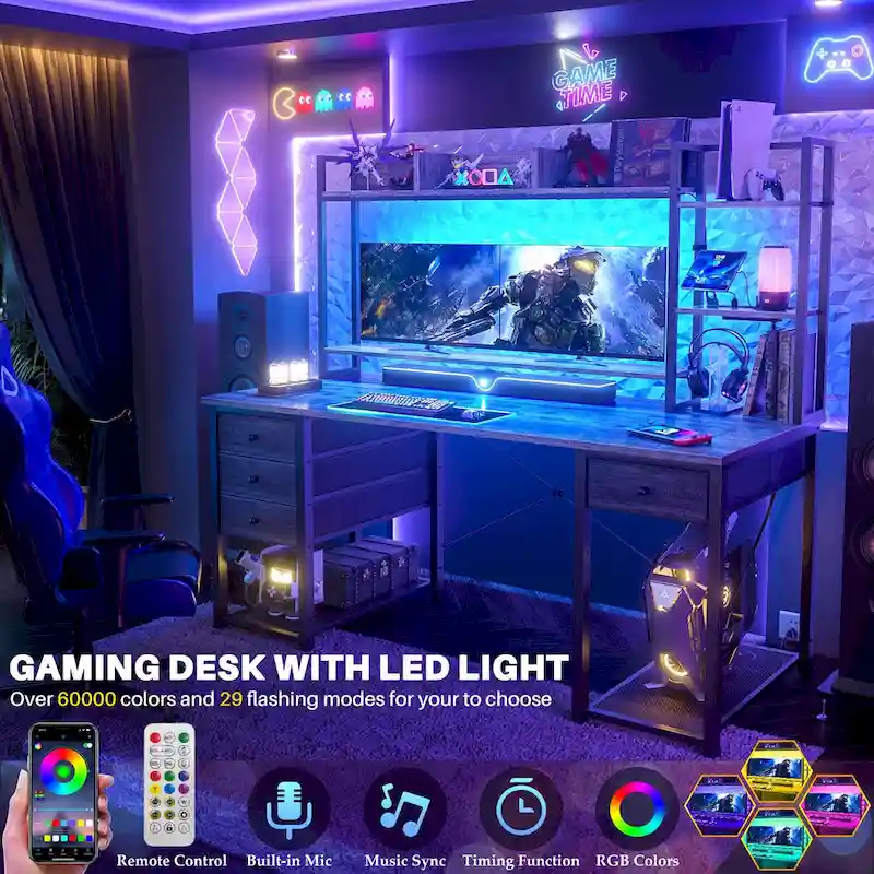 Gaming Desk with Hutch and Drawers, Office Computer Desk with Charge Station and LED Light