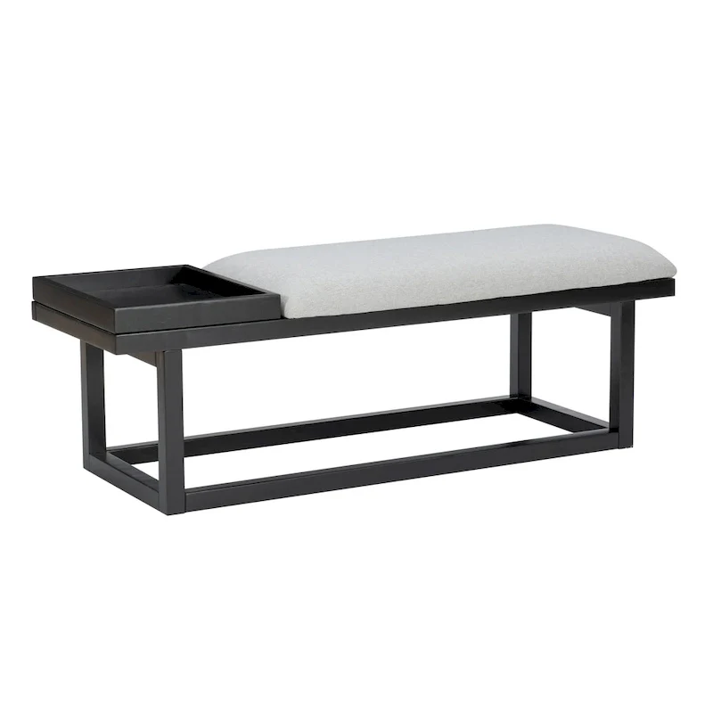 Aliza Grey Upholstered Solid Wood Bench with Tray