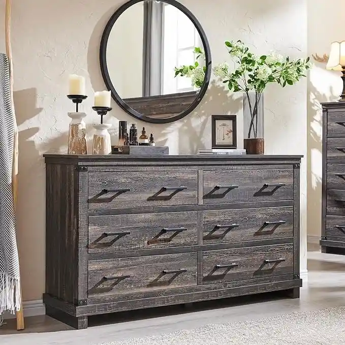 Farmhouse 6 Drawers Dresser, Wood Chest of Drawers, Closet Dresser