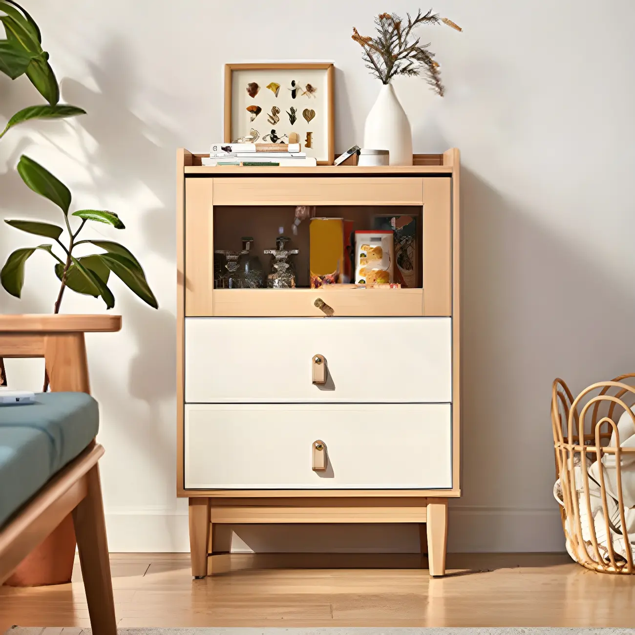 Minimalist Natural Wood and Glass Vertical Dresser