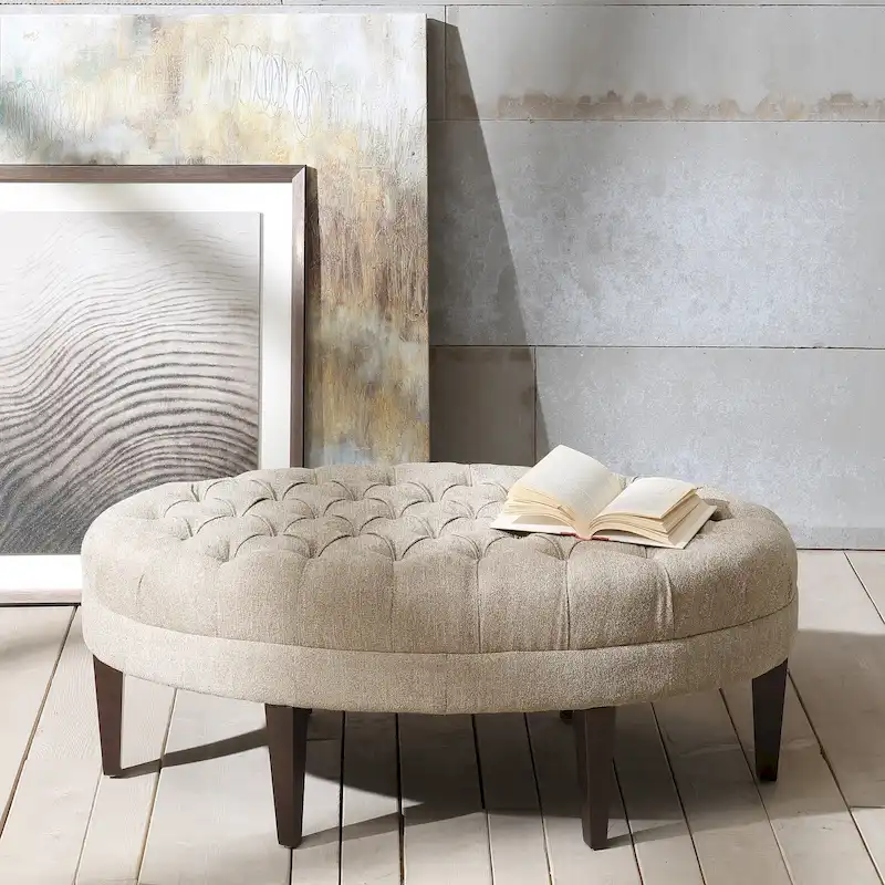 Brown Multi/Beige/Dusty Blue Oval Button-Tufted Upholstered Ottoman, 1-Person