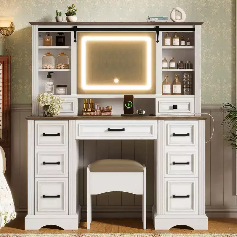 47W Makeup Vanity Desk Set Vanity Table Dressing Table with Storage Cushioned Stool, Sliding 3 Color Lighted Mirror & 9 Drawers, White - ModernLuxe
