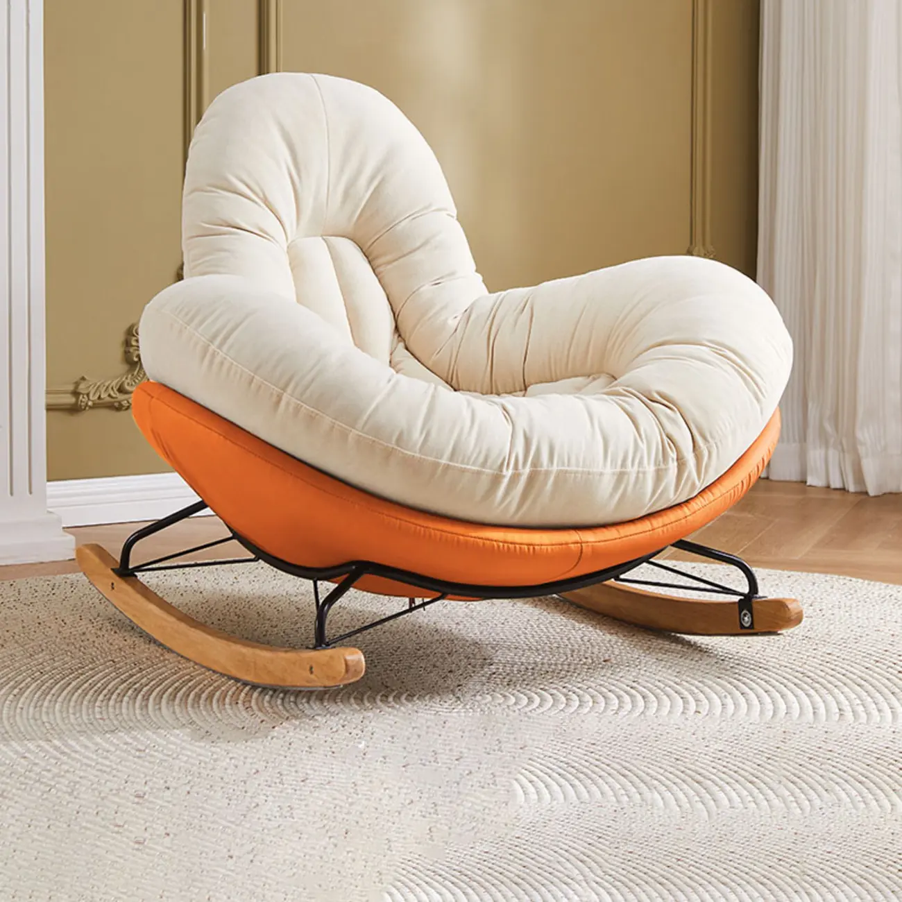Wide Seat Upholstered Rocking Chair in Beige with Ottoman