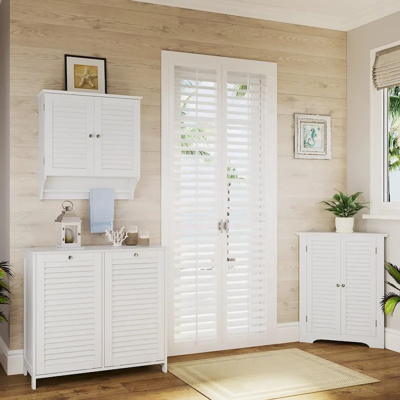 Double Tilt-Out Laundry Hamper Cabinet with Removable Cloth Storage Bag - White