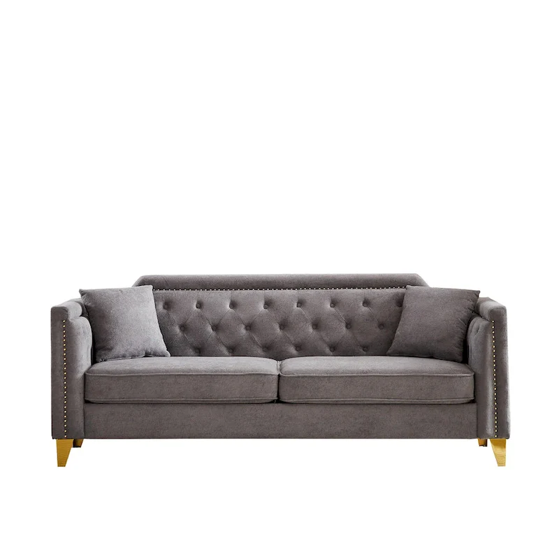 Grey 61.5  Chenille 3-Seater Tufted Sofa with Copper Nail Arms, 2 Pillows