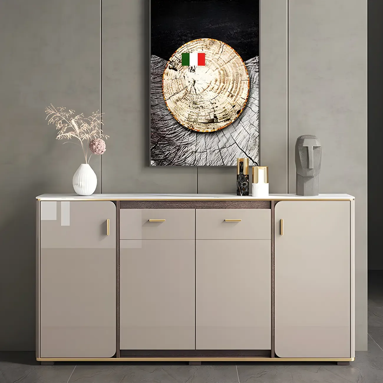 Glam Off-White Stone Top Sideboard with Cabinets