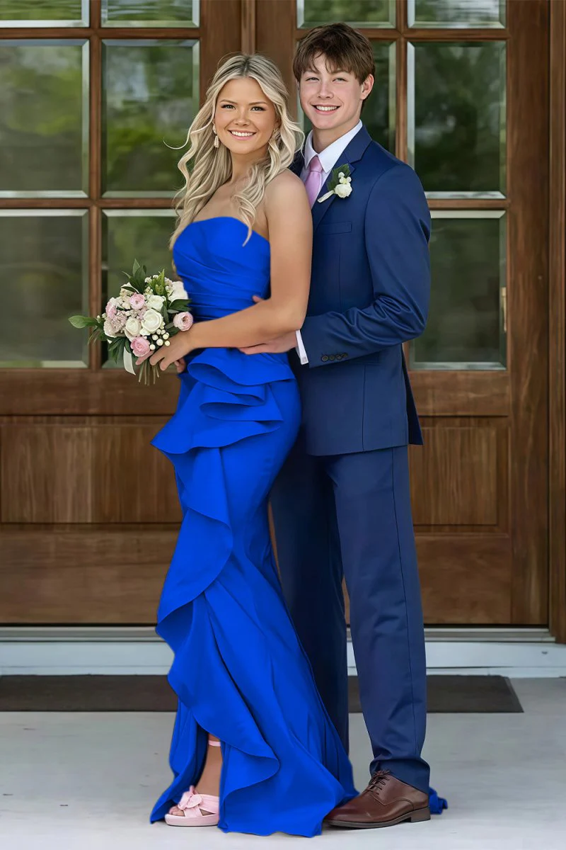 Pink Mermaid Strapless Satin Ruffled Long Prom Dresses with Slit