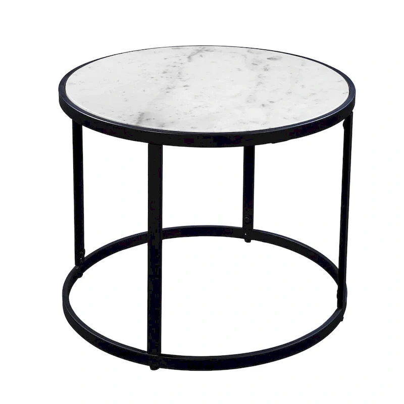 23 Inch Side End Table, Modern Round White Natural Marble Top, Classic Black Iron Frame