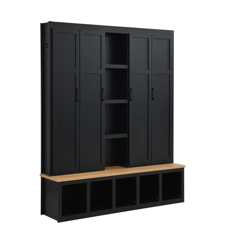 Farmhouse 4-in-1 Hall Tree with Open Display Shelves, Mudroom Shoe Bench with Open Compartments, Entryway Coat Rack with 6 Hooks