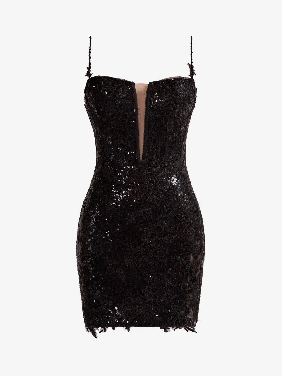 Black Sheath Spaghetti Straps Sequined Lace Homecoming Dress