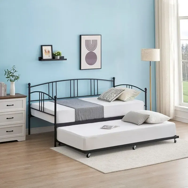 Black / White / Pink Metal Daybed with Trundle, Twin, Sleeps 2