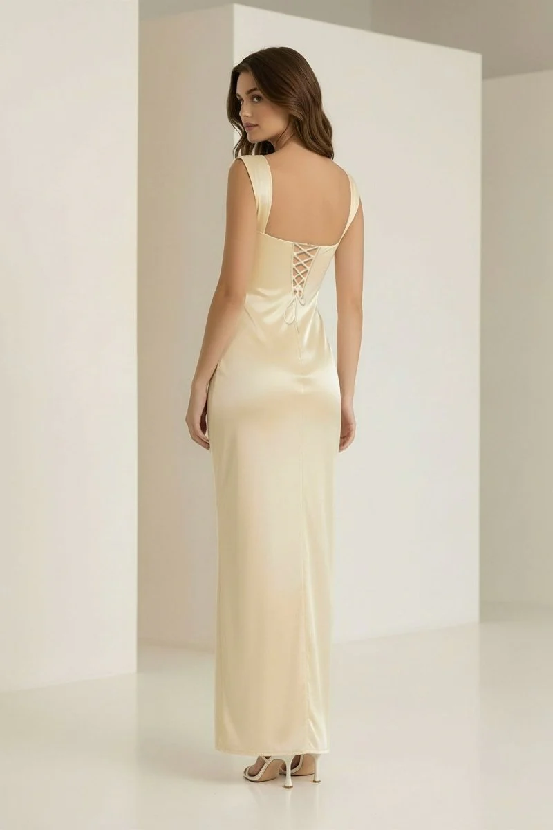 Yellow Sweetheart Satin Sheath Long Formal Prom Dresses With Lace