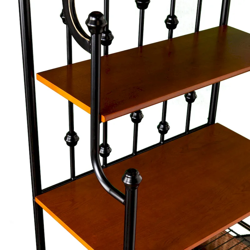 Black Baker's Rack with Rattan Baskets and Mission Oak Shelves