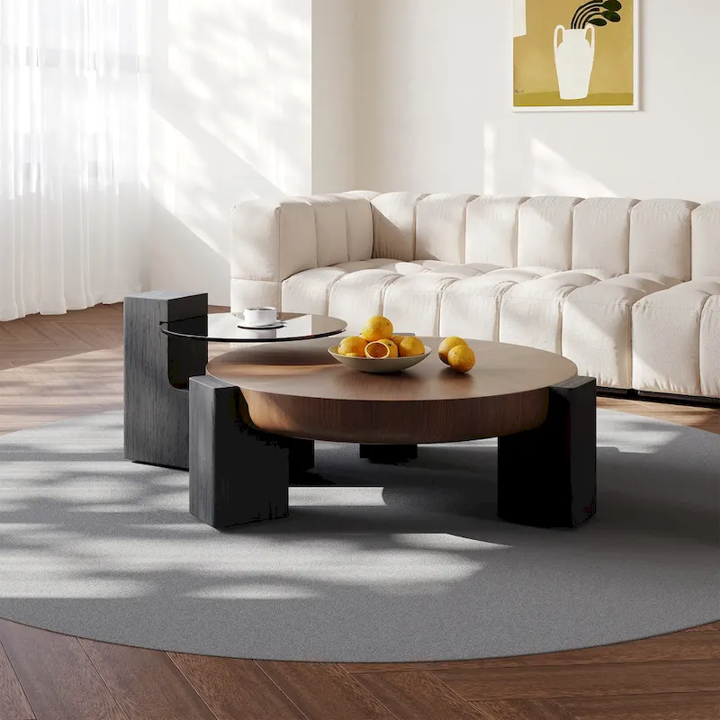 37 Modern Round Nesting Coffee Table, Mid Century Wood Coffee Table, Brown & Black Solid Wood Veneer