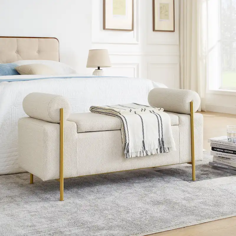 White/Beige Upholstered Linen Storage Bench, Cylindrical Arms, Gold Metal Legs, 1-2 Person
