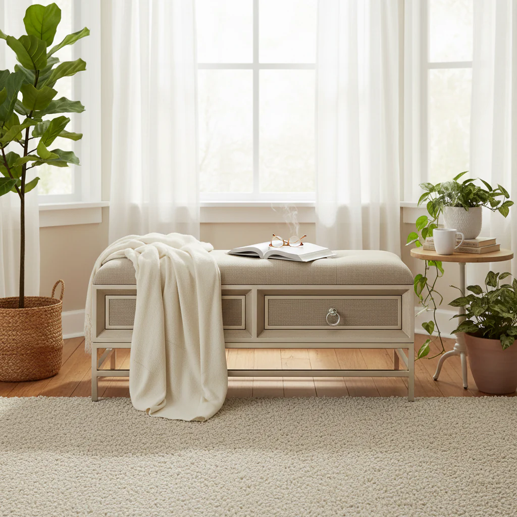 Linen-upholstered double-drawer storage bench with tufted seat and circular handles - beige