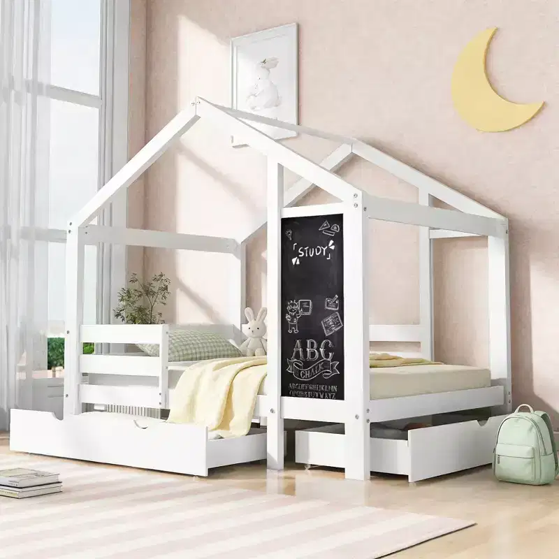 Luxystar House Bed With 2 Large Drawers, Chalkboard and Fence, White