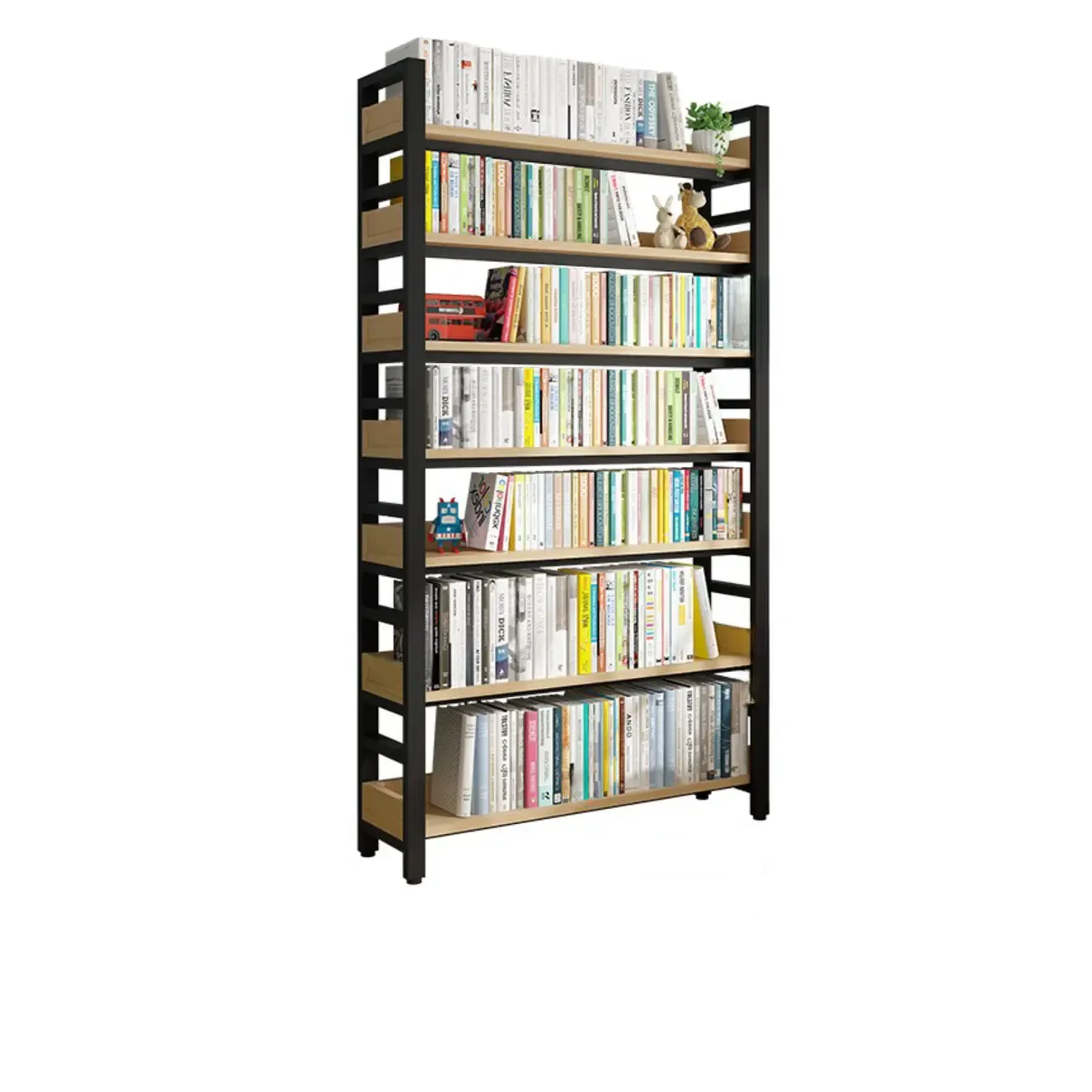Freestanding Simple Multi-Layer Wood Bookshelf in Steel Frame
