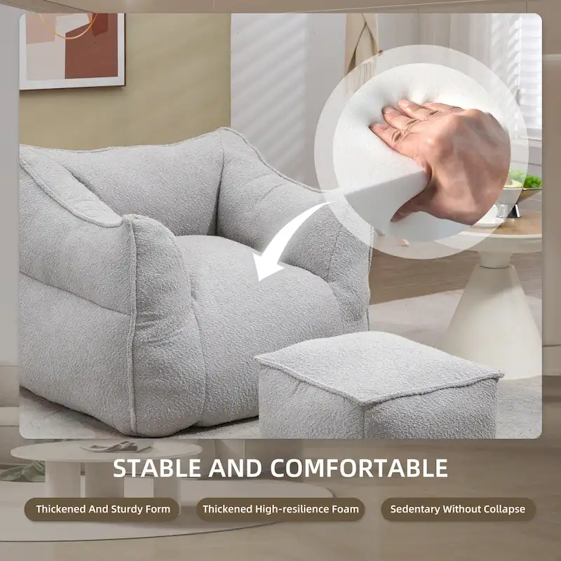 Boucle Upholstered Deep Seat Armless Square Bean Bag Chair with Ottoman
