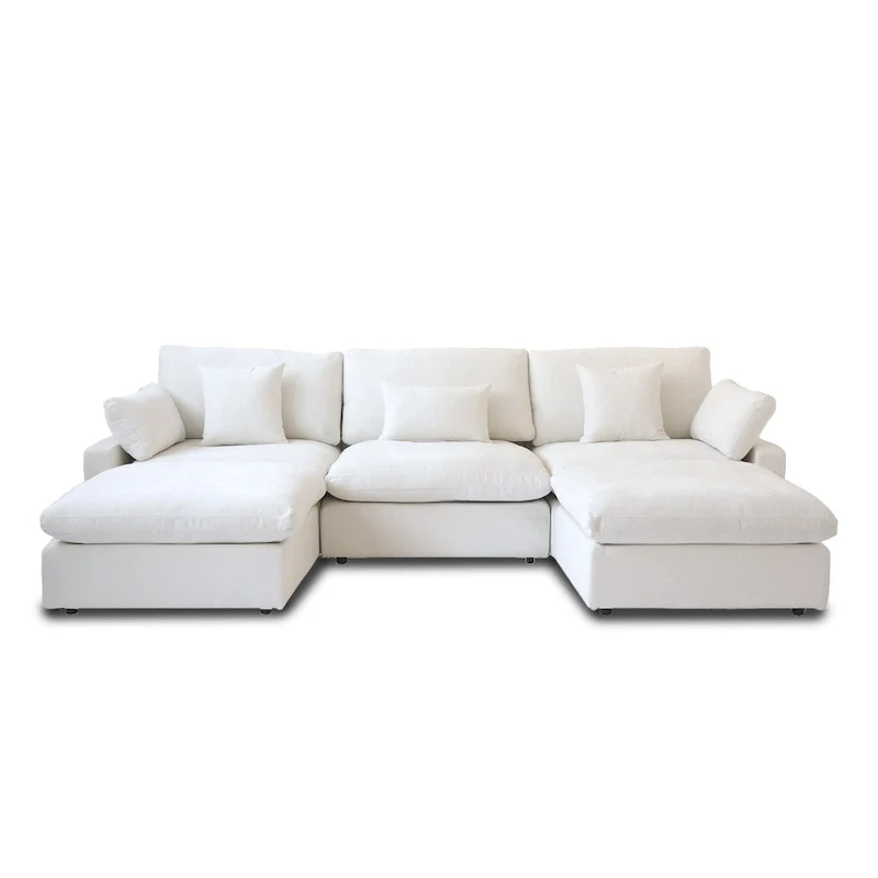 Classic Modern Linen Sectional Modular Sofa 3-Seater with 2 Ottomans, U-shaped Down Filled Cloud Couch with Cushions