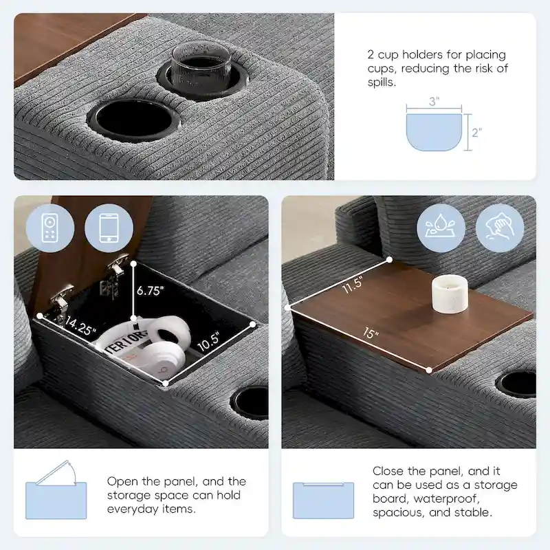 U Shaped Chenille Sofa w/Ottoman,Console,Cup Holder,Wide Seat,USB