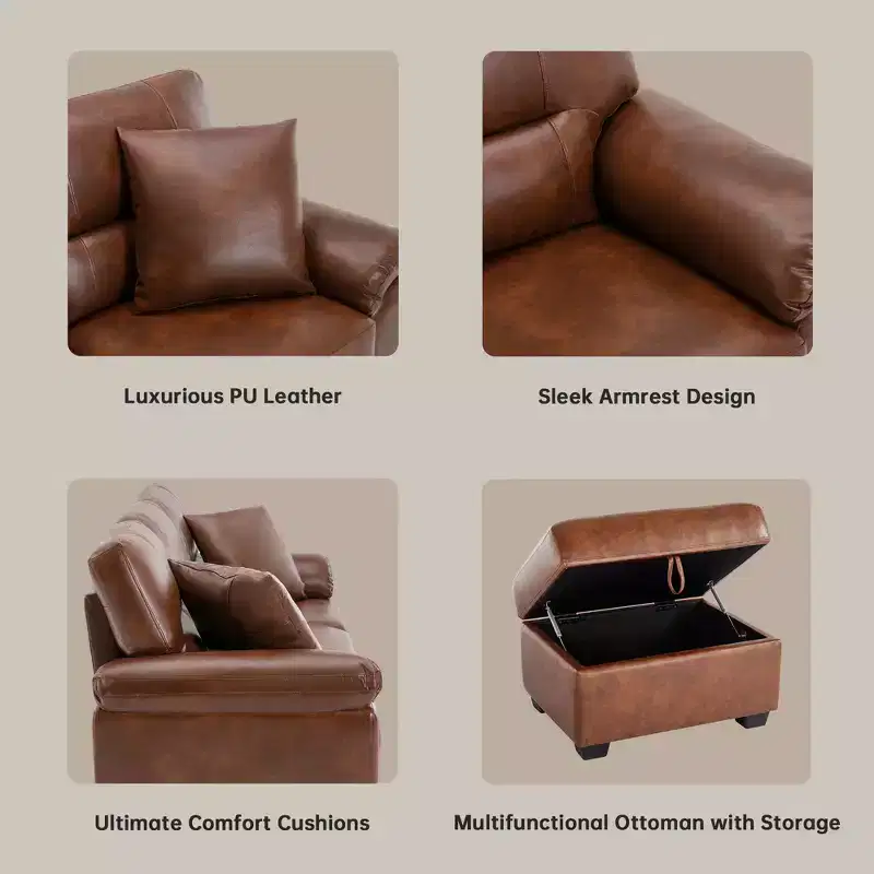 Faux Leather Sofa and Loveseat with Storage Ottoman Bench,Ultimate Comfort Couch for Living Room,Lounge Room-Morden Fort