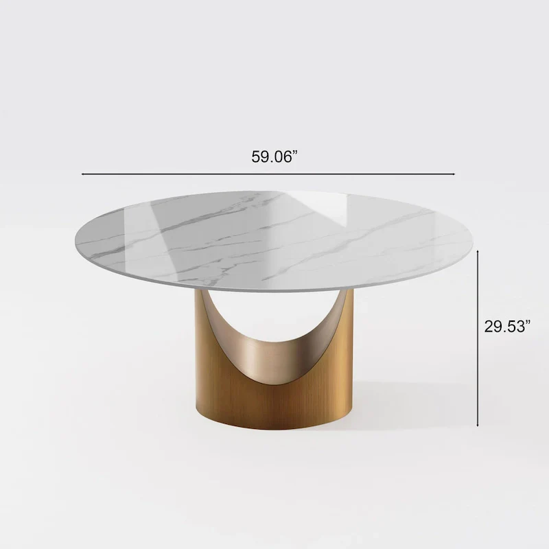 Modern Round Dining Table – White Sintered Stone Top & Bronze Carbon Pedestal