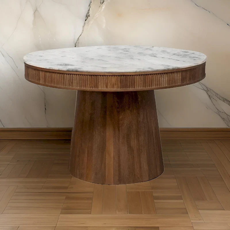 46 Inch Dining Table, Round Marble Top, Pedestal Base, Fluted, Brown