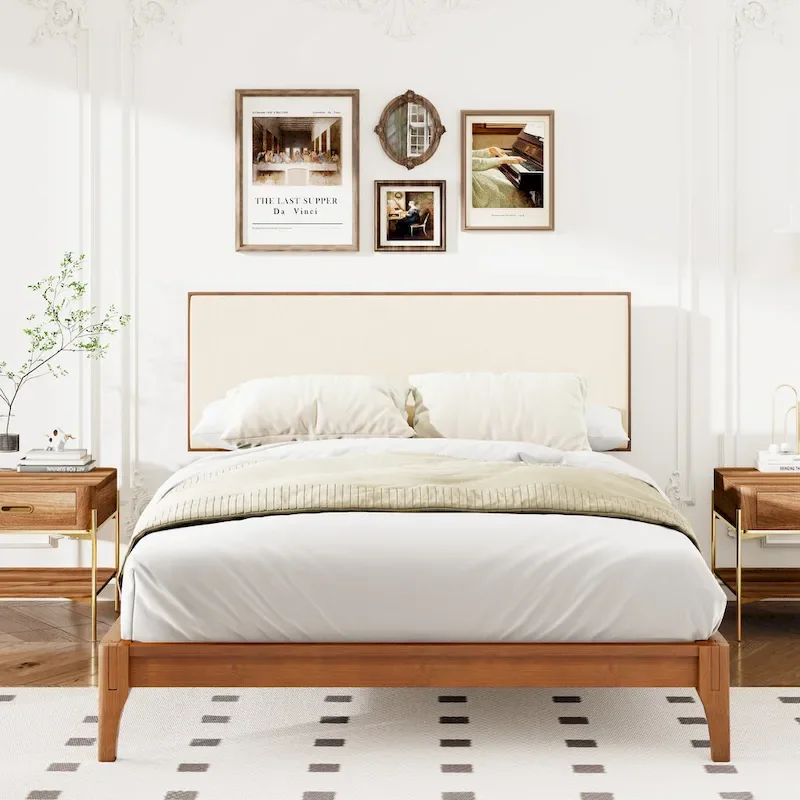 Elegant Solid Bamboo Wood Platform Bed with Upholstered Adjustable Headboard