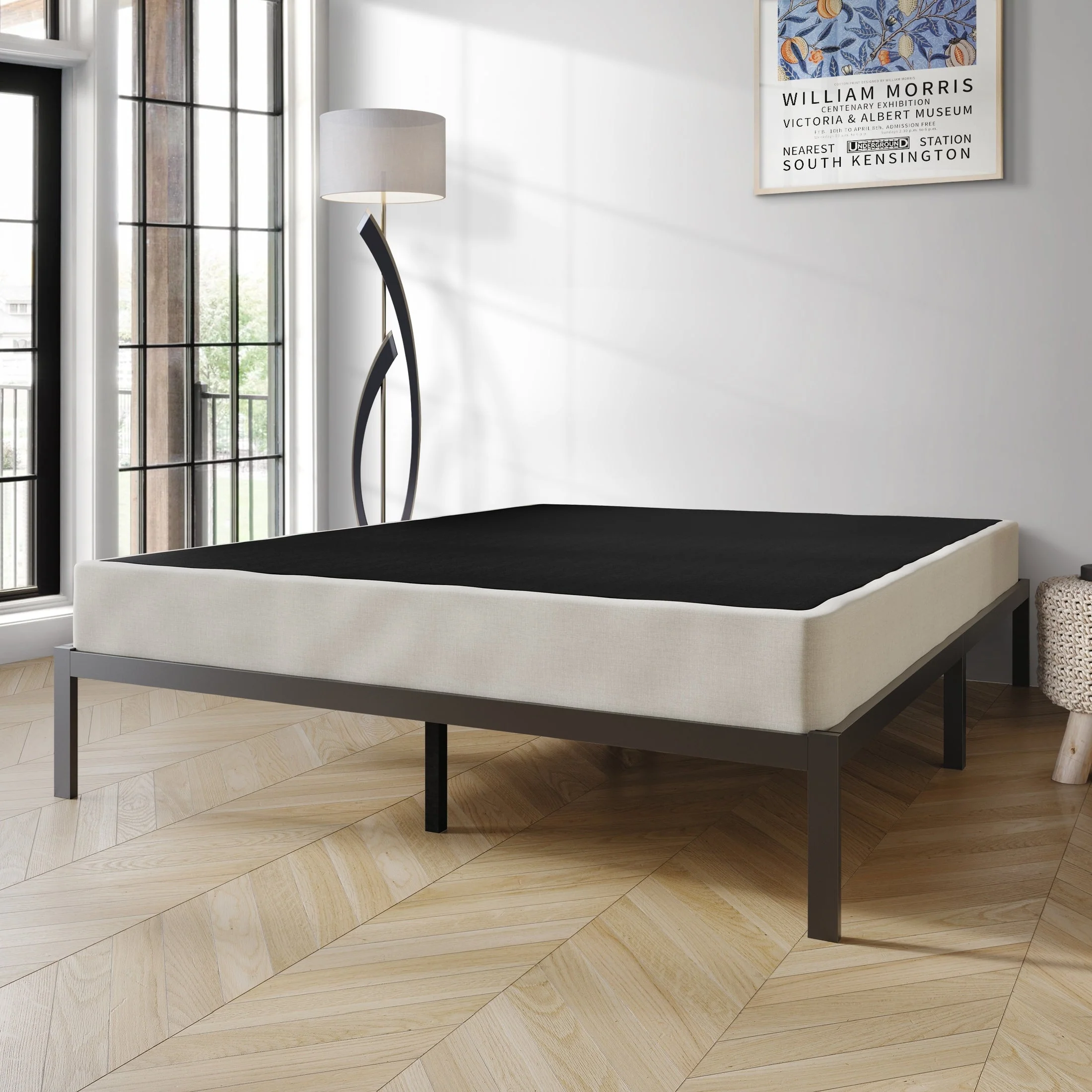 CraftPorch Solid Wood 5-Inch Box Spring Foundation with Wood Slats with Warm Grey Linen Cover