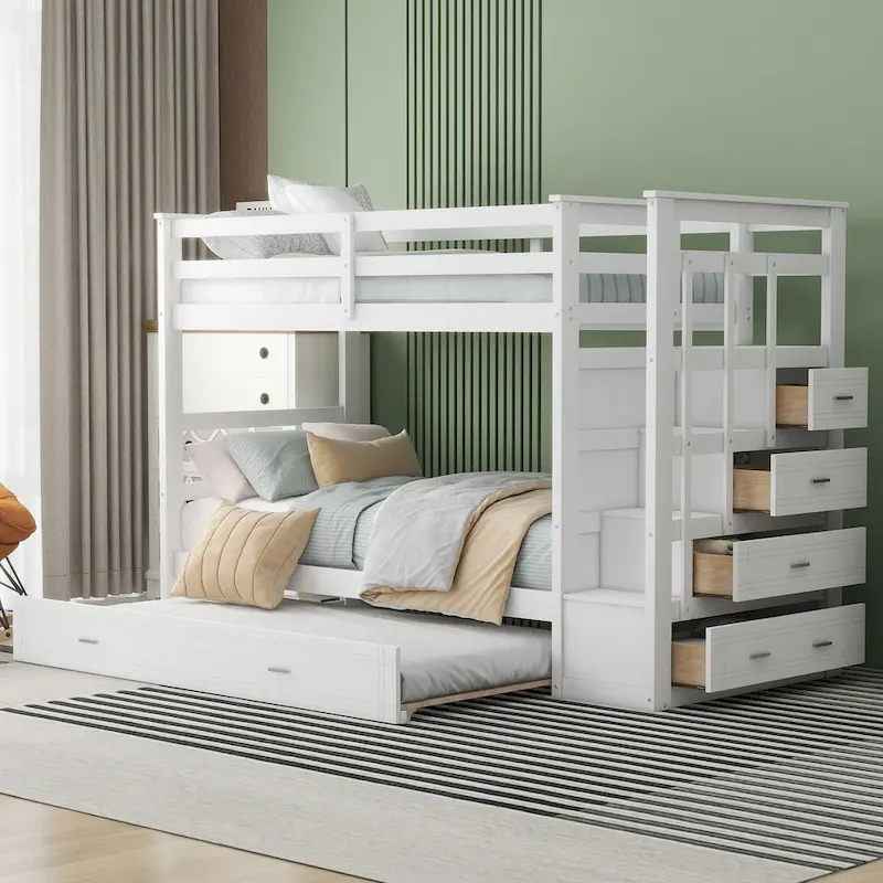 Twin Over Twin Bunk Bed with Trundle & Staircase, Espresso/White/Gray, Sleeps 2