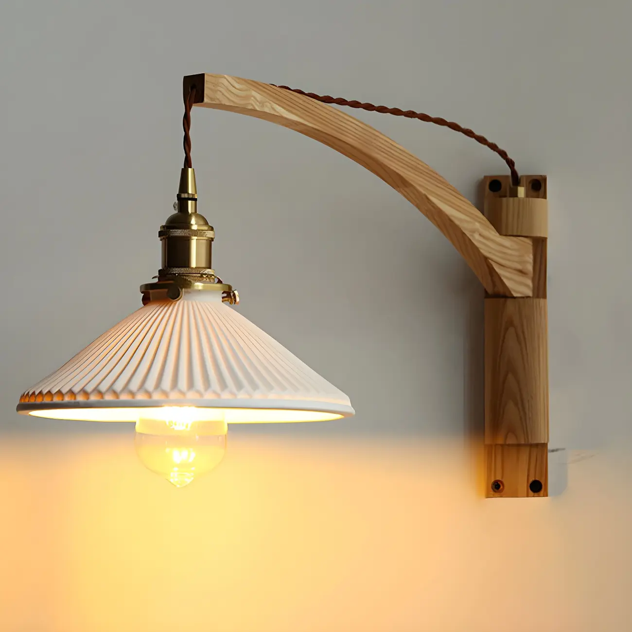 Rustic Wood Brass White Adjustable Swing Arm Wall Light