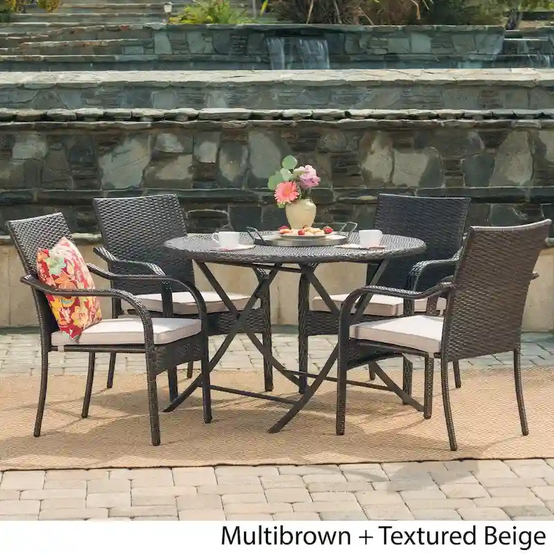 Lula Outdoor 5-Piece Round Foldable Wicker Dining Set with Umbrella Hole & Cushions by Christopher Knight Home
