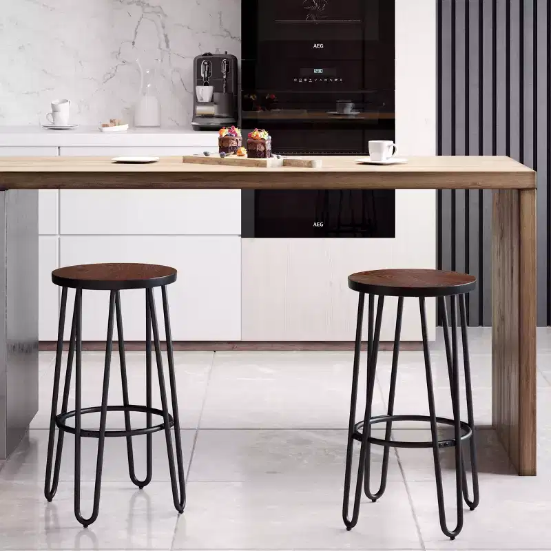 Lavish Home Set of 2 Counter-Height Bar Stools - Round Wood Barstools with Hairpin Legs