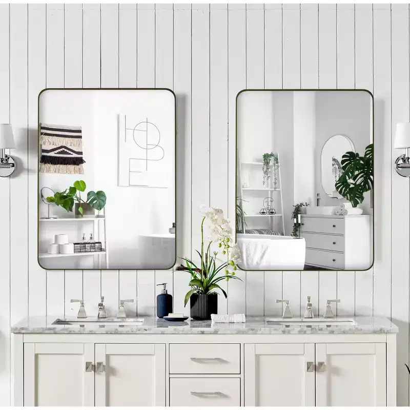 Okak Minimalism Rectangular Bathroom Mirror, Wall Mirror with Metal Frame and Arched Corner, Vanity Mirror for Bathroom