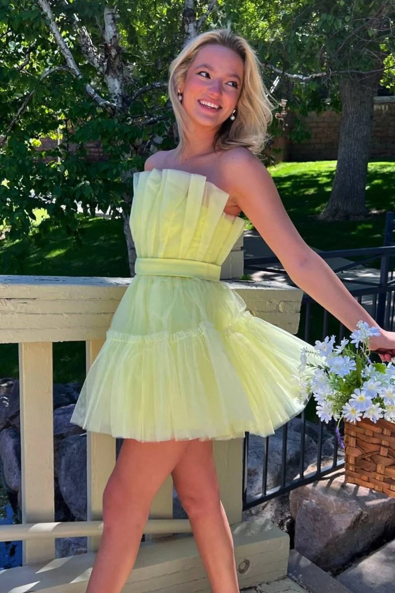 Yellow - Strapless A-Line Ruffles Tulle Homecoming Dress