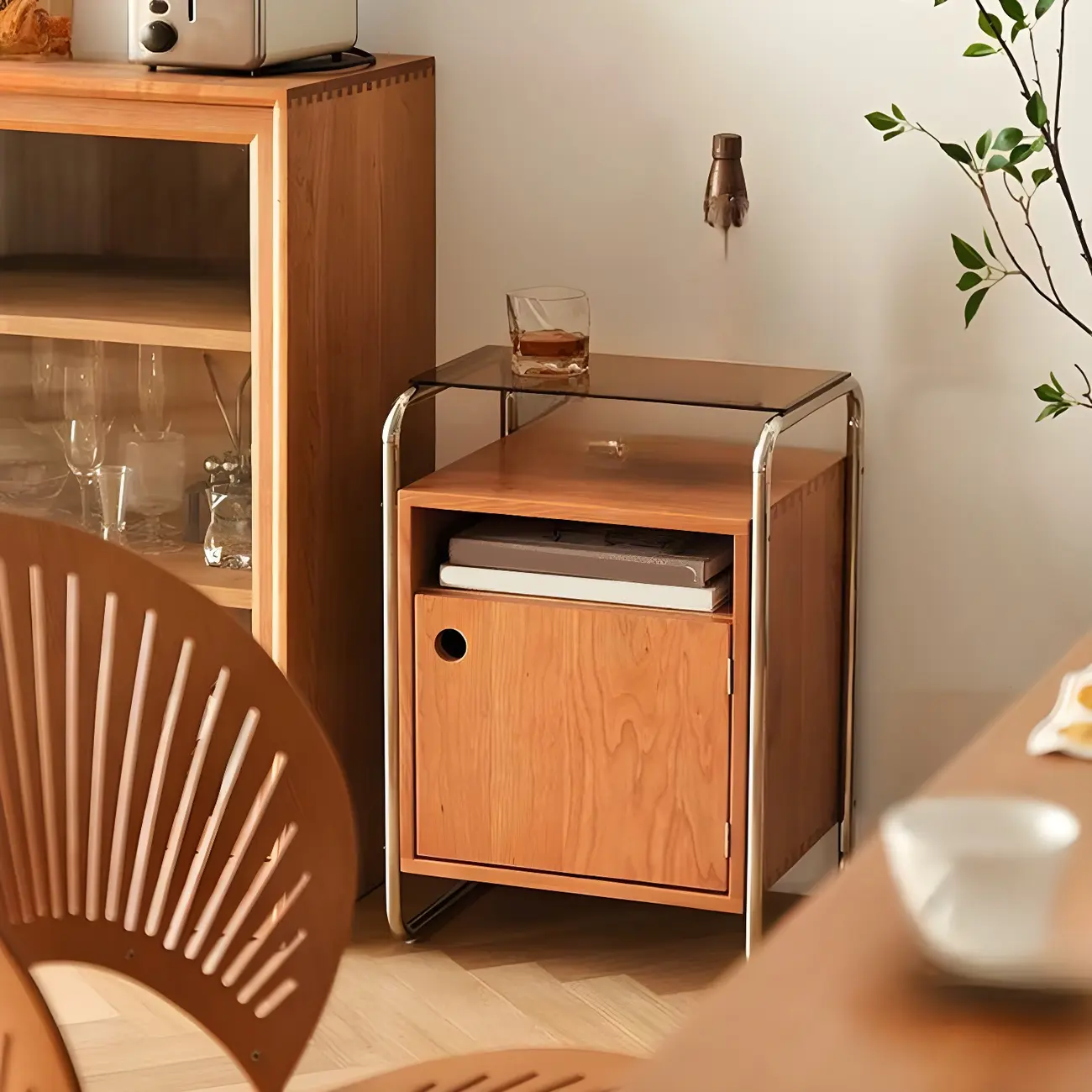 Natural Finish Narrow Glass-Top Light Wood Nightstand