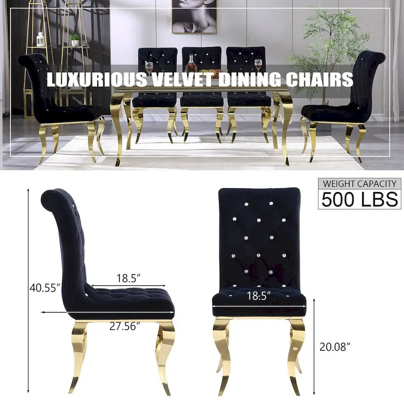 Black Buttons Tufted Dining Chairs with Gold Legs