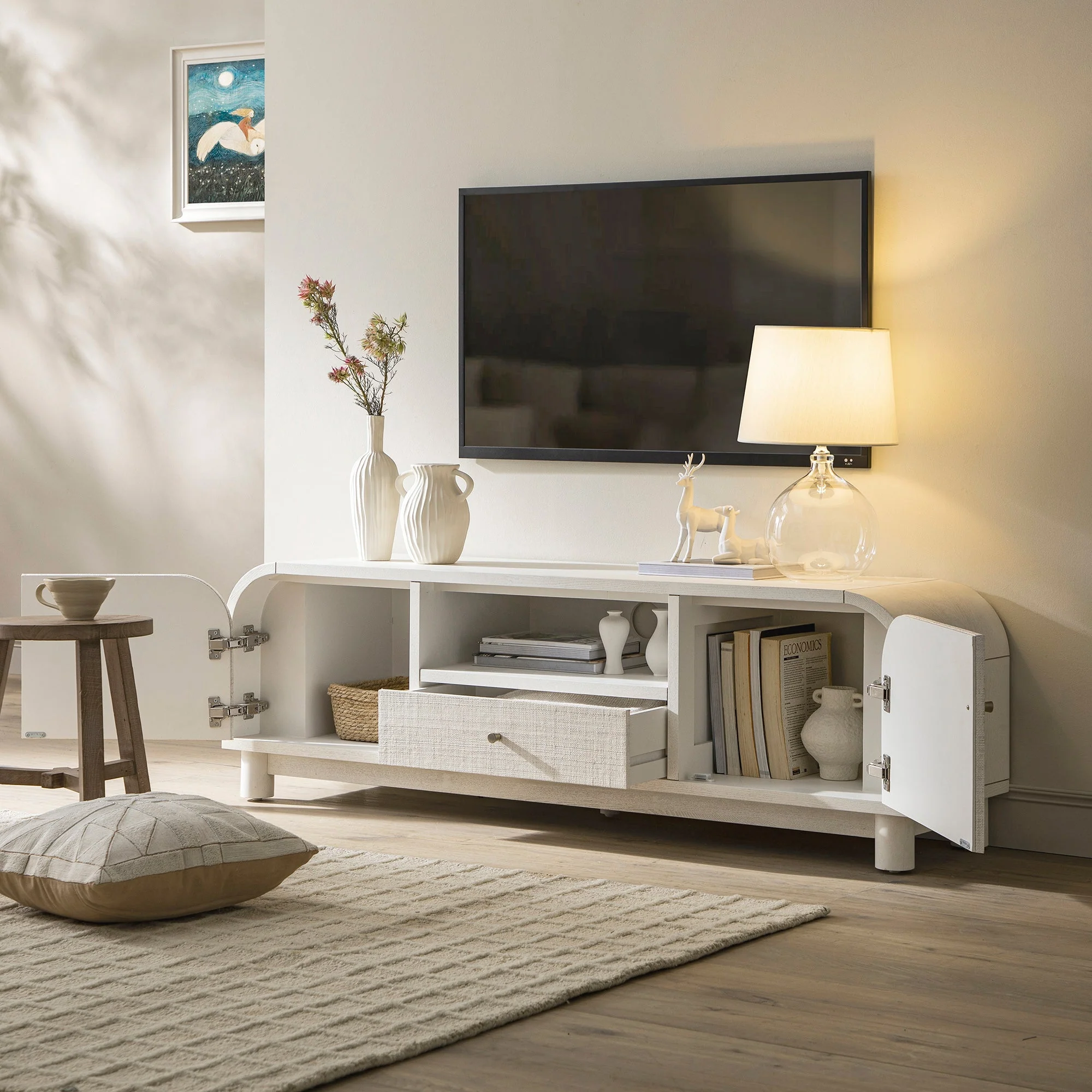 TV Unit, Washed White Ash with Raffia