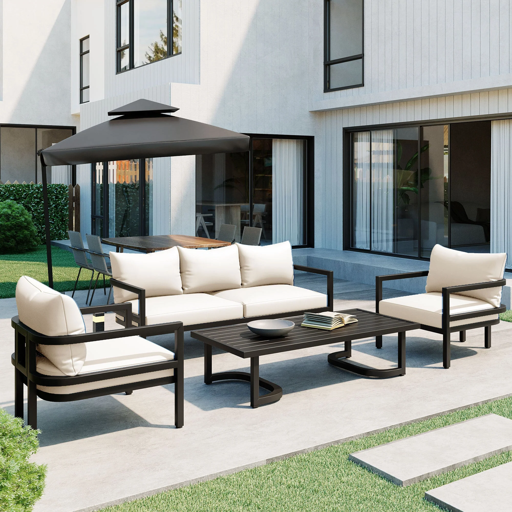 Walker Edison | Curve Design Steel Outdoor Sofa Set