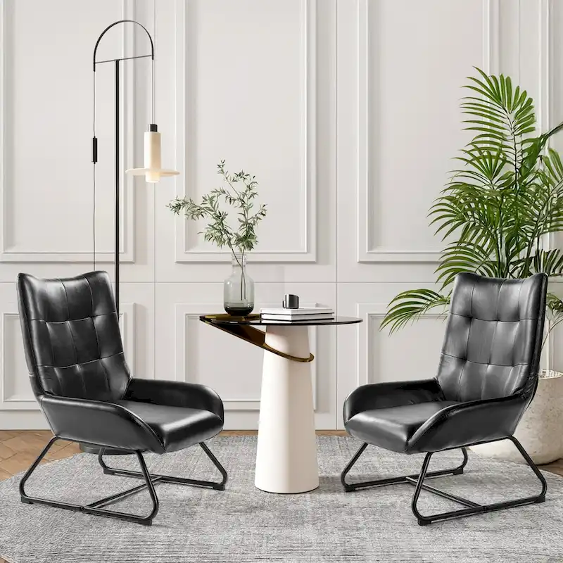 Set of 2 35.5H Leatherette Wingback Accent Chairs With Metal Legs