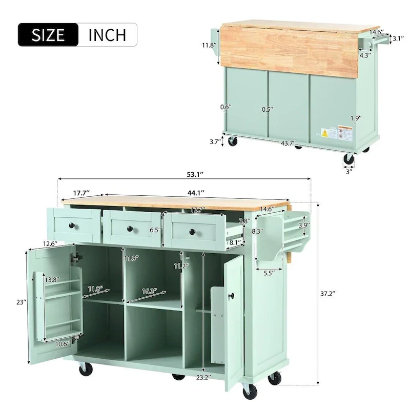 Kitchen Cart with Rubber Wood Drop-Leaf Counter Top