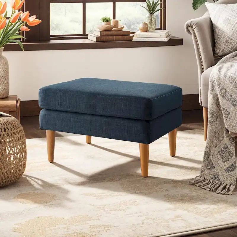 Dark Blue / Charcoal Gray Fabric Ottoman – Mid-Century Style, 1–2 Person Use