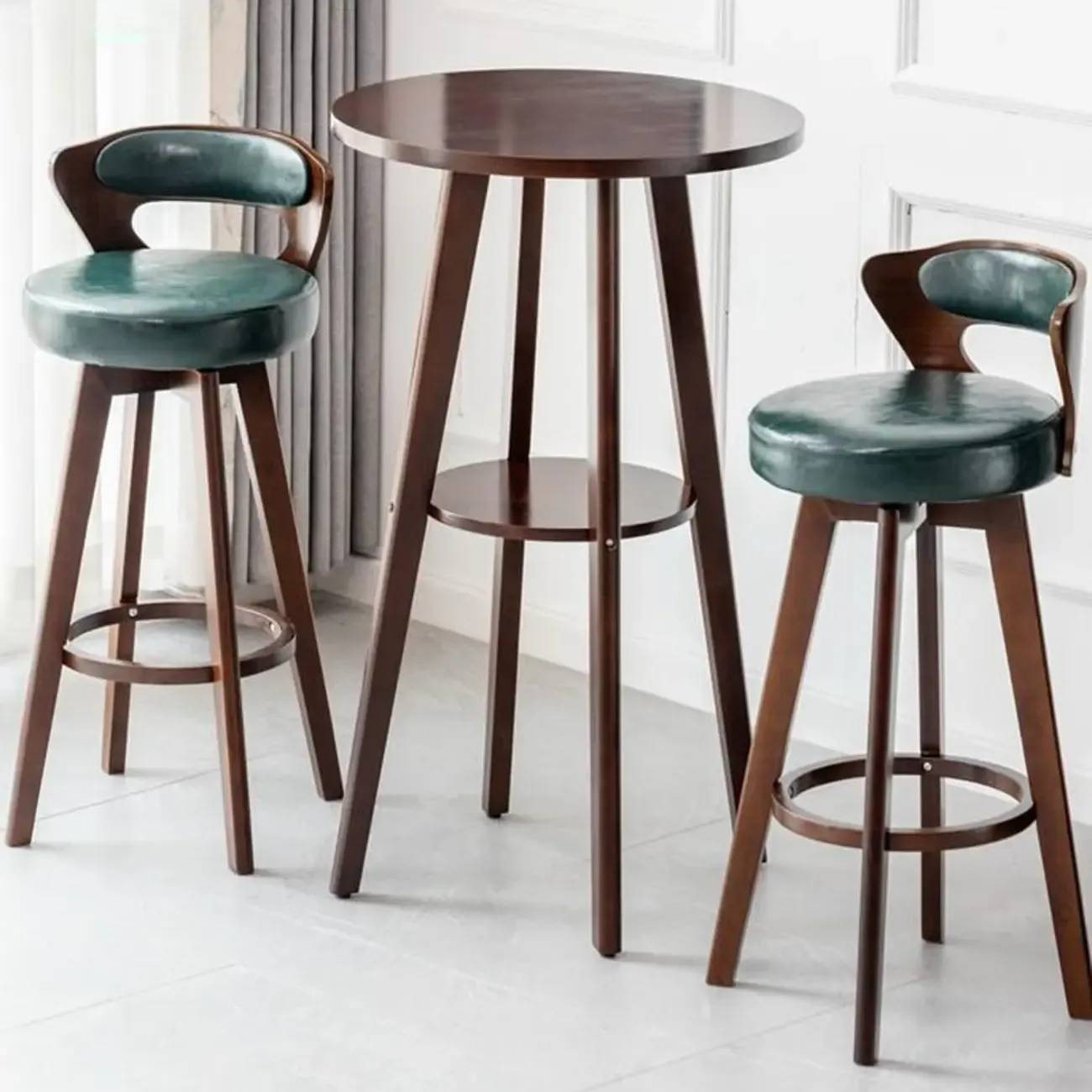 Scandinavian Rubberwood Round Bar Tables with Shelf