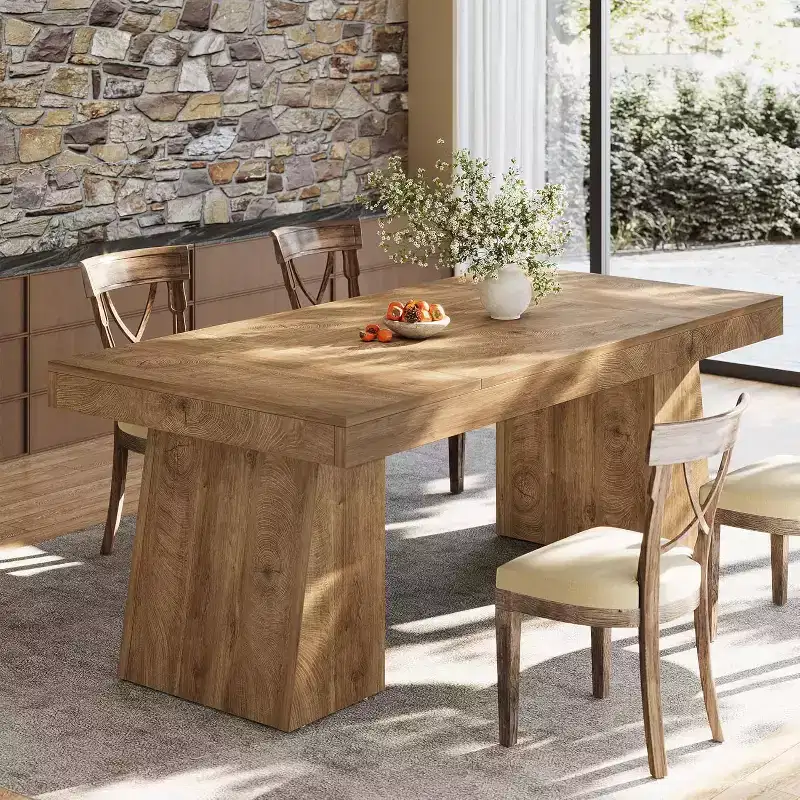 Lantine 55-Inch Rectangular Dining Table for 4-6 People, Farmhouse Style Kitchen Dinner Table with Double Pedestal for Home, Small Space